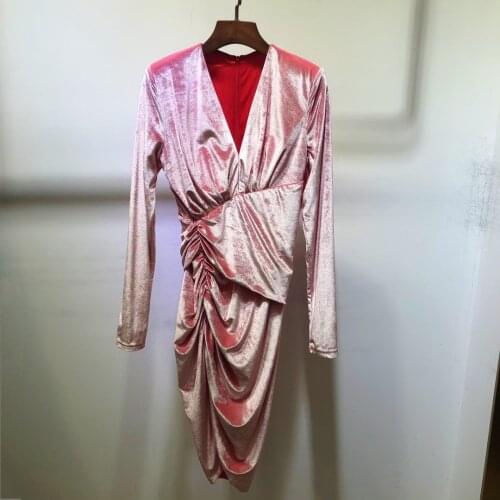 Fashion 2021 new ladies long sleeve v-neck pleated dress 0115