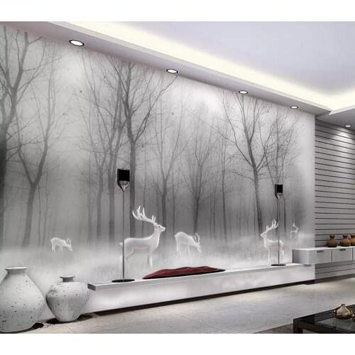 Nordic style forest elk abstract forest black and white landscape custom 3D mural wallpaper