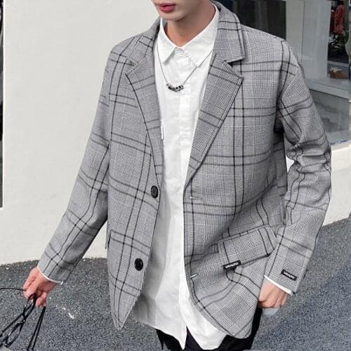 Vintage Suit Jacket Men Original Plaid Casual Blazers Korean Streetwear Fashion Tops Clothing Khaki Grey Checkered Coat Male