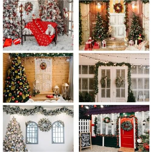 Christmas Backdrop Winter Snow Window Wood Door Christmas Tree Baby Birthday Photography Background for Photo Studio Photophone