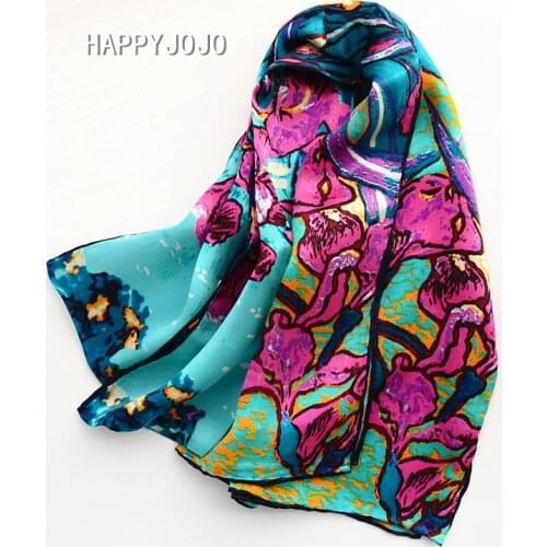 Van Goghs oil paintings lrises long scarf women soft 100% natural silk scarves good quality wrap shawl bandana gift for lady