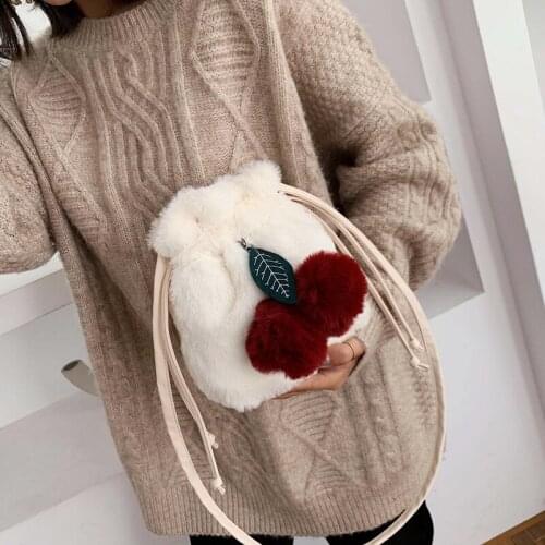 Faux Fur Bucket Mini Cherry Dumplings Crossbody Pack Women Handbags Pu Leather Ladies Shoulder Bags High Quality Cross Body Bags