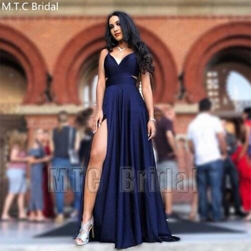 Navy Blue Sexy Backless Prom Dresses Side Slit Sweetheart A Line Plus Size Satin Party Dress Customize Formal Gowns For Women