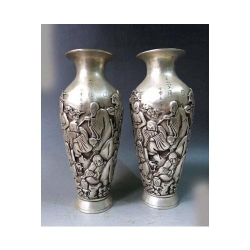 Decoration Tibet copper silver 10" China silver carved Beautiful Buddhism Eighteen Arhats Vases pair Statue (D0426)