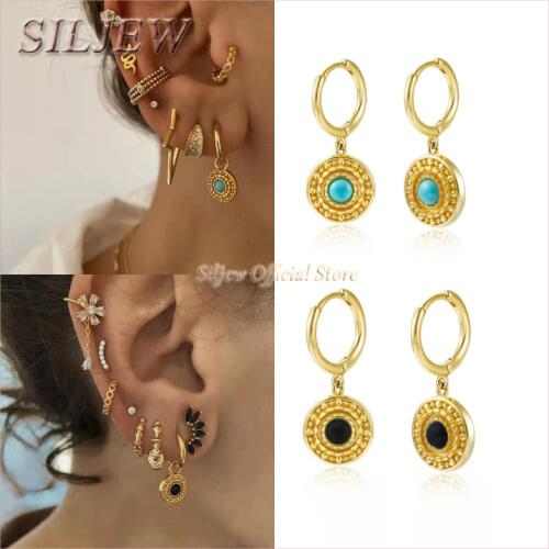 SilJew High Quality Women 925 Sterling Silver Gold Color Rainbow Snake Eye Angel Cross Moon Lightning Feather Hoops Earrings