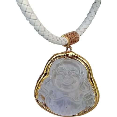Y·YING White Leather Choker Necklace Clear Quartz Carved Buddha Pendant 19"