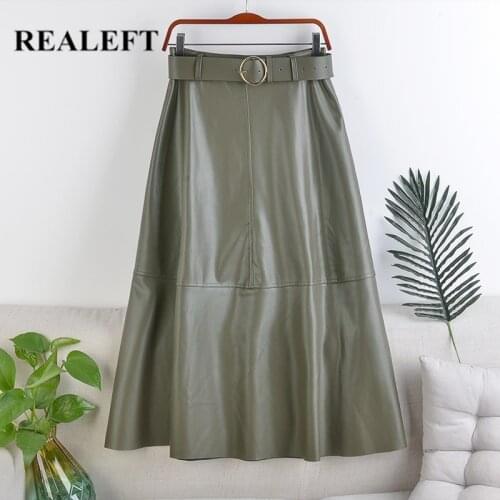 REALEFT 2021 New Autumn PU Leather mi-long Skirt with Belted High Waist Vintage A-line Skirt Chic Umbrella A-Line Skirts Lady