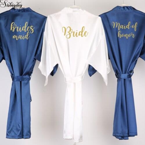 Sisbigdey navy blue Wedding Robe gold writing satin Silk pajamas sister bride short Kimono getting married Bridal Party Robes