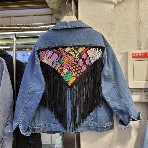 2021 New Spring Autumn Women Jeans Jacket High Quality Ethnic Appliques embroidery Tassel Loose Denim Jacket Outwear