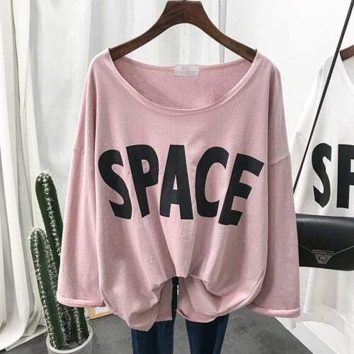 Summer Simple Cotton Tee Shirt Women Long Sleeve Round Collar Letter Print Oversized T Shirt Plus Size Streetwear Tees Top