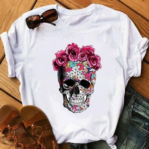 7 Styles Of Color Flower Skull Print Round Neck Short-sleeved T-shirt Female Summer Loose Lady Oversized T-shirt Blouse Top 3XL