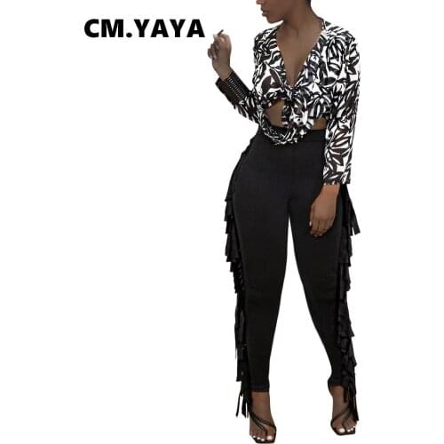 CM.YAYA Women Pants Solid Elastic Mid Waist Side Tassel Stretchy Bodycon Skinny Pencil Pants Fashion Casual Trousers Summer 2021