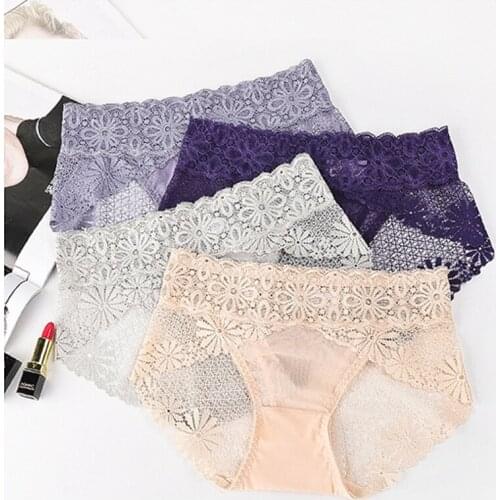 Q Lace Leggings Large Size Briefs Mid-waist Transparent Underpants Solid Color Breathable Embroidered Flower Woman Panties