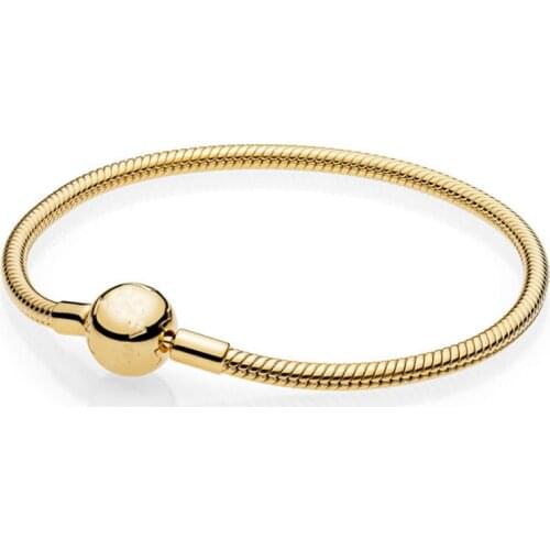 925 Sterling Silver pan Bracelet Gold Color Moments Smooth Ball Clasp Snake Chain Bangle Fit Bead Charm Diy Europe Jewelry