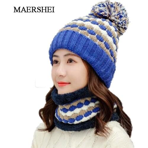 Woman Knit Beanie Hat and Scarf Set Hairball Pom Pom Hats Female Thick Hat 2pcs Winter Warm Cute Girls Fashion Cap Collar