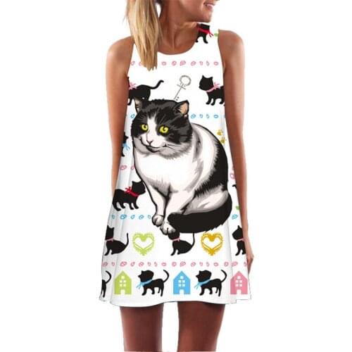 New womens seaside holiday dress animal cat 3D digital print vest skirt summer casual womens vest dress