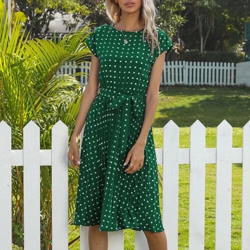 2021Selling New Summer Women Fashion Casual Bandage Party Mid-Length Polka-Dot Round Neck Short-Sleeved Pleated Dresses