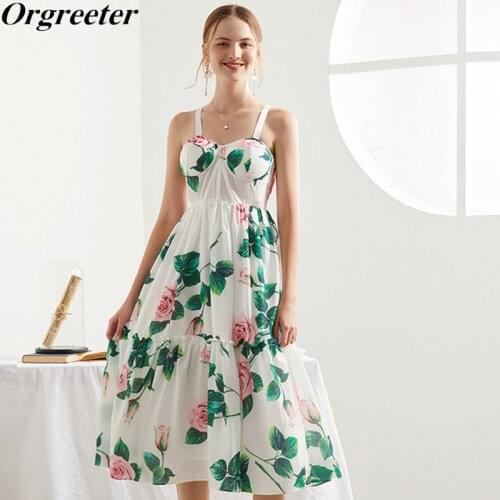 Romantic Rose Print Holiday Beach Dress for Women Spaghetti Strap Backless Sexy Padded Cup Slim Ruffles Patchwork Long Dress