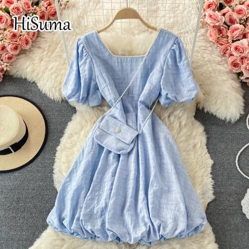 2021 summer new women square collar beading puff sleeve chiffon dress female Chic elegant waist sweet dresses