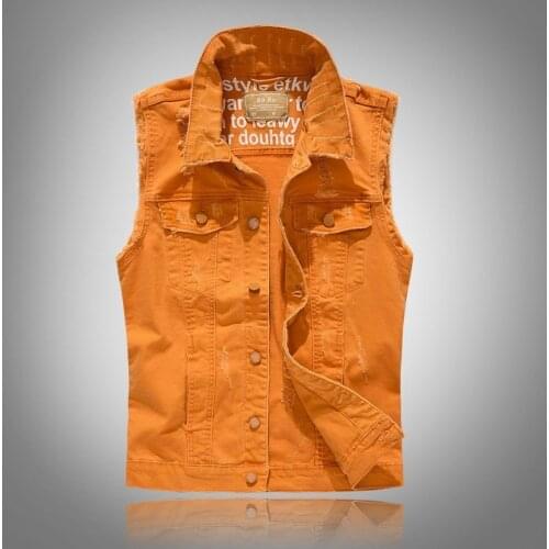Spring Autumn Mens Vest Vintage Denim Jeans Vest Male Orange Sleeveless Jackets Men Rivet Hole Jeans Waistcoats Big Size M-5XL