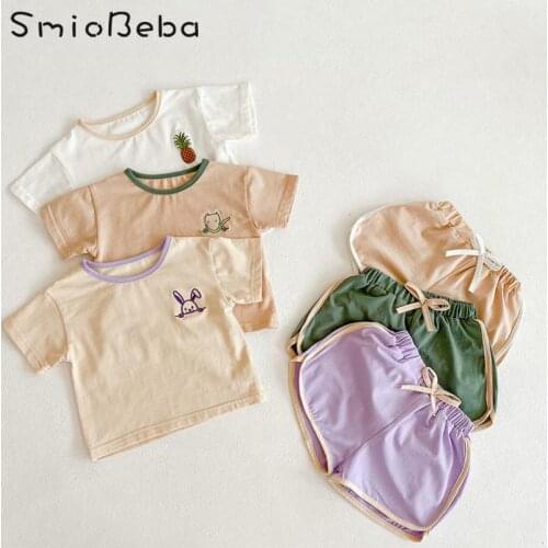 2021 New Summer Ins Baby Girl 2PCS Sets Color Contrast Embroidered Cotton T-shirt + Pants Simple Japan Two Piece Suit Clothing