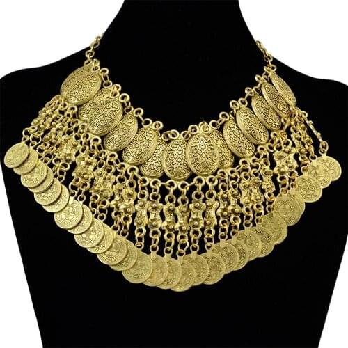 Antique Gold silver-color Alloy Fashion Chunky Necklaces Carved Flower Tassel Coins Pen dant Bib Statement Necklace Women Jewelr