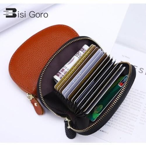 BISO GORO Genuine Leather Credit ID Card Holder Zipper Pocket Coin Purse Mini Business Women Unisex Card Case Zipper Coin Purses