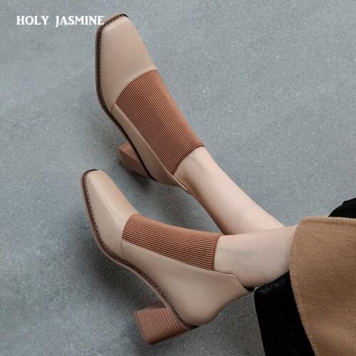 Fashion Comfortable Genuine Leather Womens Ankle Boots Elegant Square Toe Thick Heels Pumps Party Casual Shoes Woman 2020 New