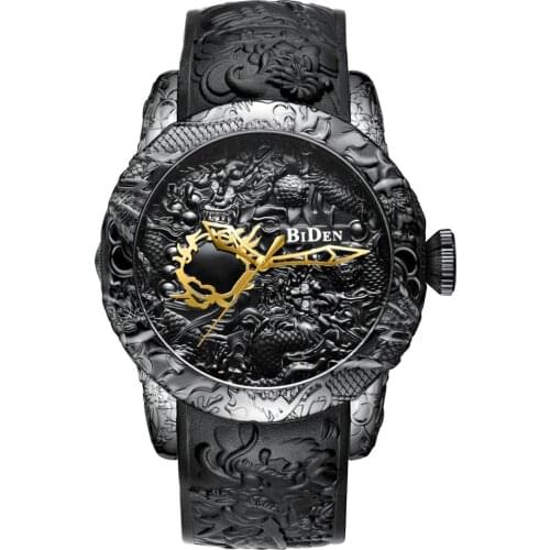 Creative 3D Sculpture Dragon Men Watch Laser Engrave Carving Gold Black Leather Band reloj negro hombre Men Male Wrist Watches