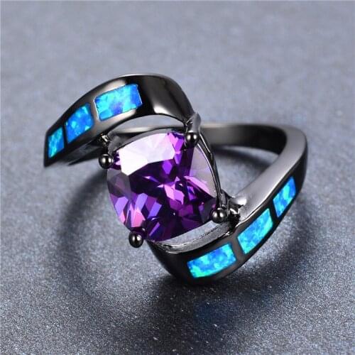 Elegant Female Blue Fire Opal Ring Vintage 14KT Black Gold Wedding Rings For Women Promise Purple Square Engagement Ring