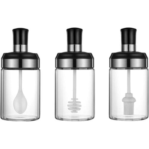 Seasoning Box Sealed Condiment Jars Kitchen Leak-proof Spice Pots Containers With Spoon Honey Stick Oil Brush Kitchen Gadgets