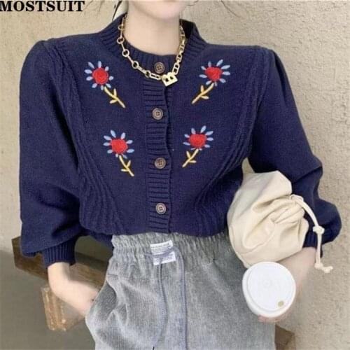 Floral Embroidered Tops Cardigan Women Lantern Sleeve Single Breasted Sweater Jumpers Vintage Fashion Ladies Knitted Jacket 2021