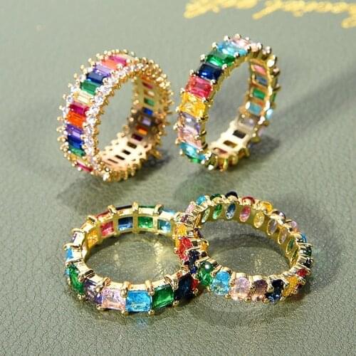 Womens copper CZ Gold Crown rainbow Rings Geometry wedding Engagement Ring femme for party gift charm Rhinestone ins Jewelry