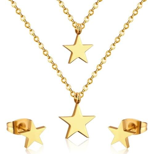 LUXUKISSKIDS Simple Style Stainless Steel Star Shape Double Necklace Earrings For Women Fashion Jewelry Sets Gift bijoux femme