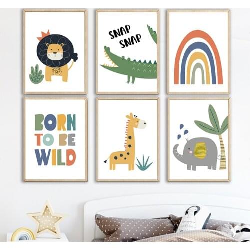 Jungle Lion Elephant Giraffe Crocodile Canvas Painting Wall Art Nordic Posters and Prints Wall Pictures for Living Room Decor