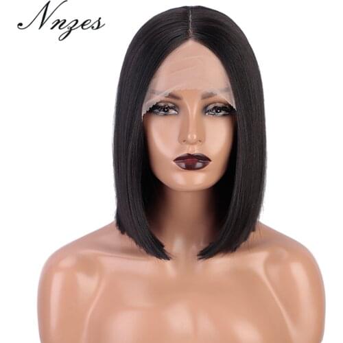 NNZES 12Inches Lace Front Short Straight Black Synthetic Wigs Middle Part Blonde Highlight Color for Women Natural Looking Wig