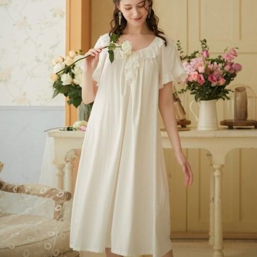 Women Nightgowns Long White Nightdress Lace Sweet Sexy Vintage Palace Style Nightwear Ladies Sleepwear Negligee Homewear Nighty