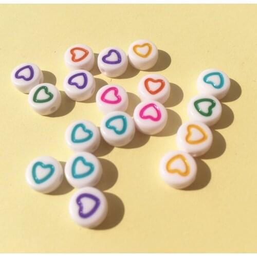 Newest 3400pcs/Lot Flat Coin Round Shape Acrylic Heart Beads 4*7mm White with Colorful Hearts Printing Plastic Loose Lucite Bead