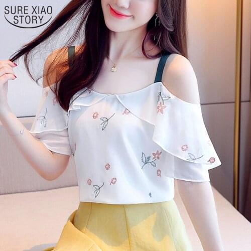 Summer New Korean Style Ruffled Chiffon Blouse Female Slim Shirt A- Line Off-Shoulder Printed Short Sleeve Womans Shirts 9618