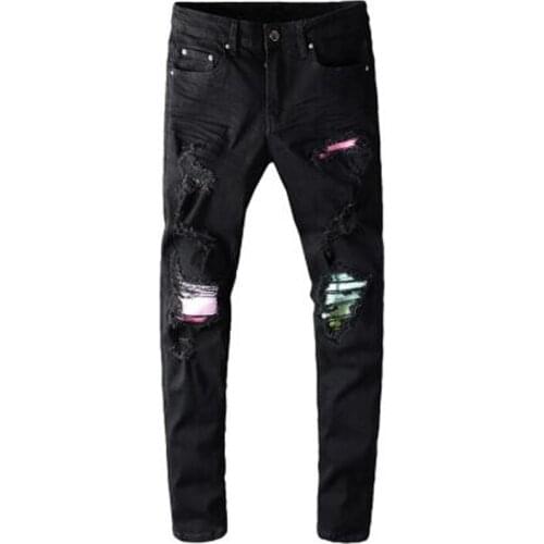 New Mens male fashion colored pleated patchwork black biker jeans Streetwear slim skinny ripped stretch denim pants trousers