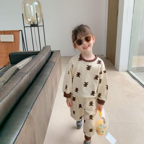 Autumn children cartoon bear print sports outfits Boys and girls cotton casual clothes sets sweatshirt and sweatpants