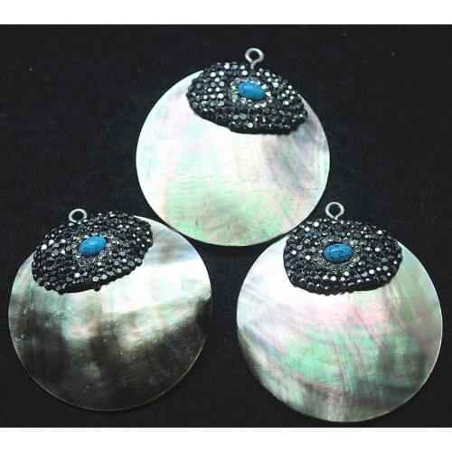 2pc black shell lip pendants with rhinestone blue turquoise for women pendants making accessories size 40mm round shape new desi