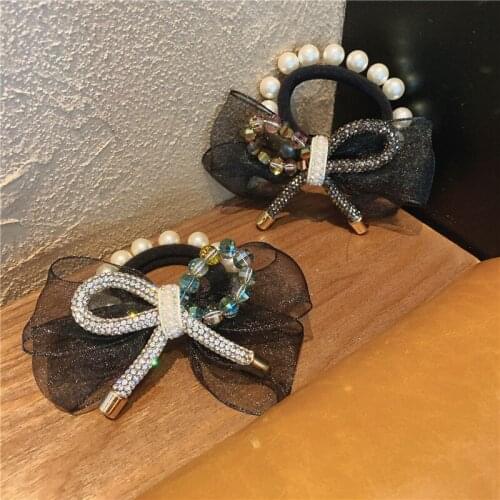 Fashion Lady Bow Head Rope Hair Scrunchie Pearl Chiffon Ponytail Holder Hair Rope Rhinestone Elastic Hair Bands New Headdress