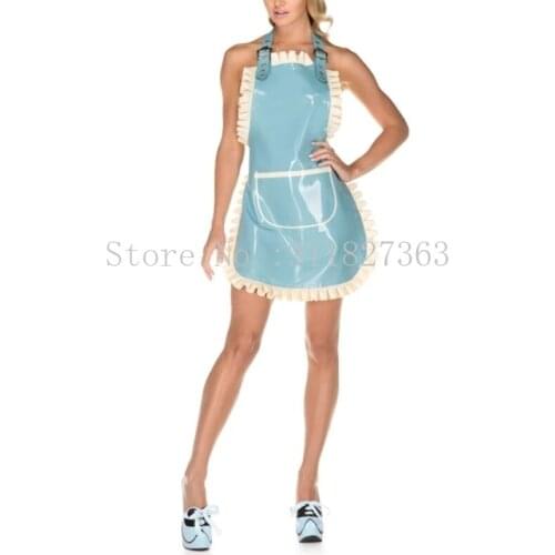 Handmade Sexy Womens Black Long Latex Apron Halter Style with White Trim Apron