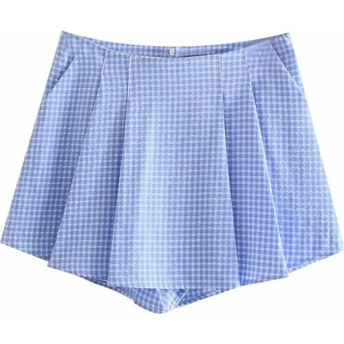 DOUJILI 2021 New Style Women Blue Plaid Shorts Fashion High Waist Casual Wearing Summer Short Pants