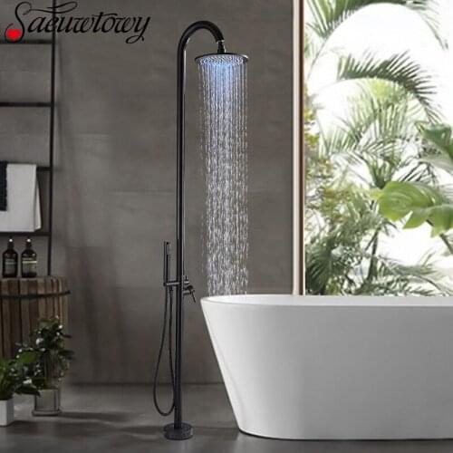LED Outdoor Shower Faucet Set Floor Standing Bathtub Faucet Rotatable 10" Rainfall Head Bathroom Mixer Tap Hot Cold Mixer Crane