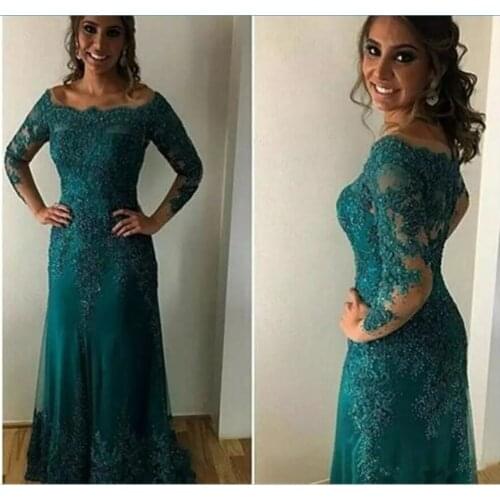 Green Mother Of The Bride Dresses Mermaid Long Sleeves Tulle Appliques Beaded Groom Mother Dresses For Weddings