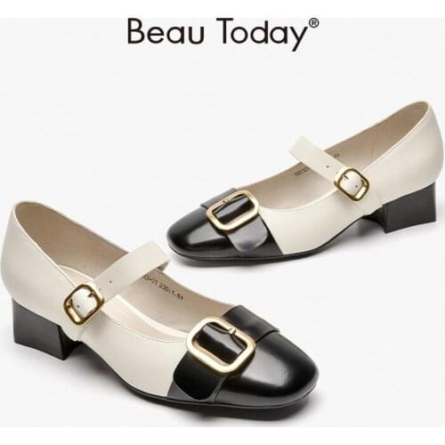 Women Mary Janes Pumps Genuine Cow Leather Square Toe Buckle Strap Mixed Colors Casual Shoes for Women Handmade BeauToday 15233