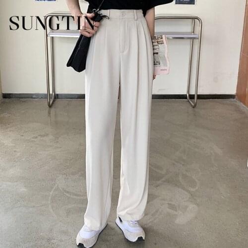 Sungtin Office Lady High Waist Pants Women Casual Black Wide Leg Pants Korean Chic Soft Loose Straight Suit Trousers 2021 New OL