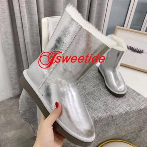 Luxury Brand Women Snow Boots Waterproof Flat Winter Shoes Knee High Boots Women Genuine Leather Mid-Calf Warm Snow Boots
